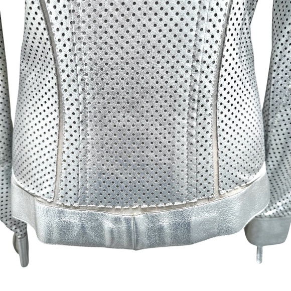 ROBERTO CAVALLI SILVER PERFORATED LEATHER FITTED FULL ZIP JACKET - WAS ALTERED - Picture 7 of 16